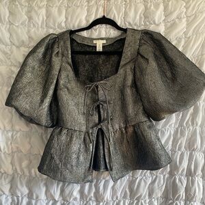 H&M Metallic Silver Puff Sleeve Blouse